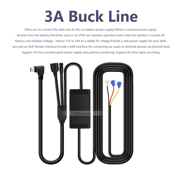 3A Buck Line Time Lapse Video Recording for AUX USB 24 Hours Parking Monitoring Car Camera DVR Cable Length accessories