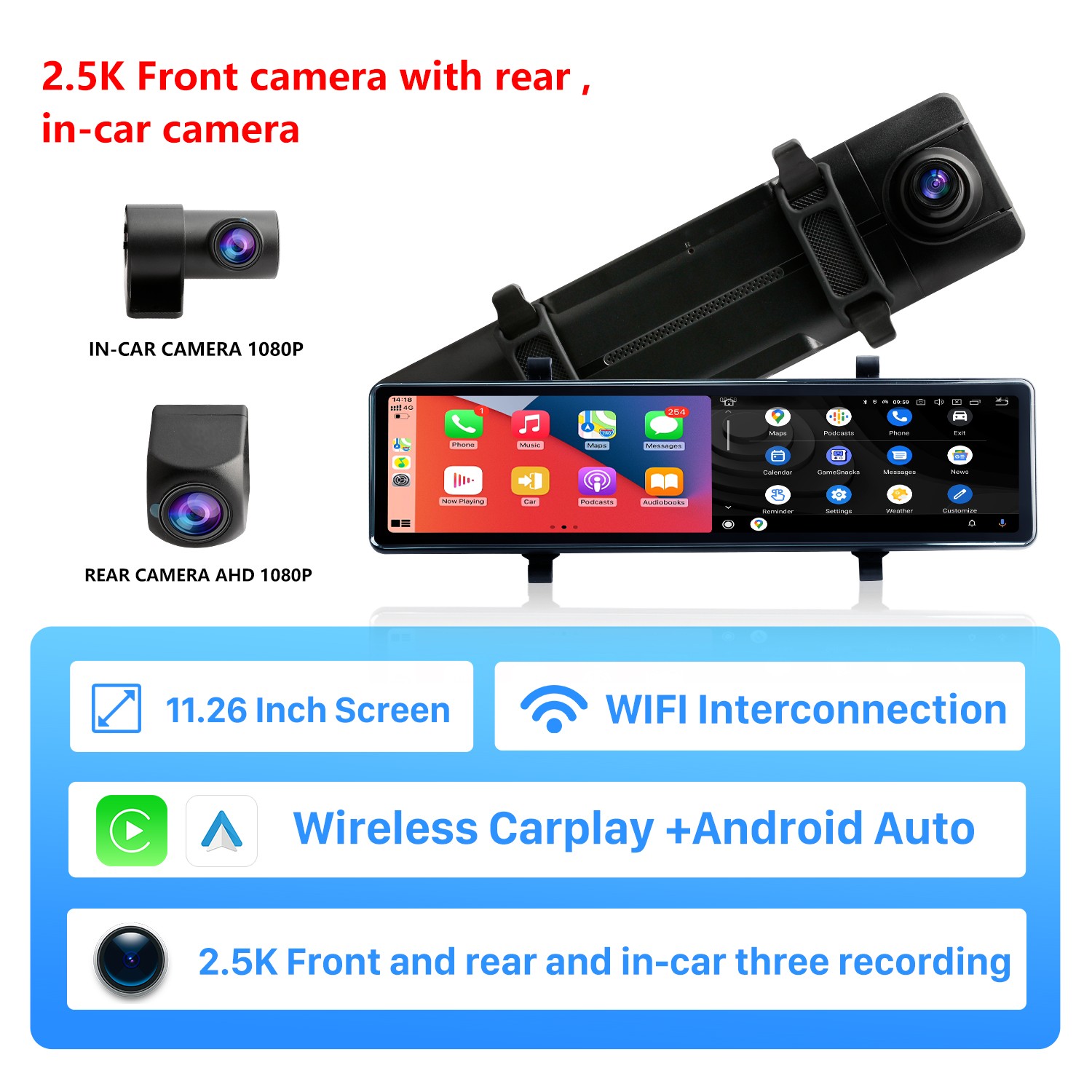 Hikity Mirror Dash Camera Wireless Apple CarPlay Android Auto, 1080P Backup  Camera Rear View Mirror with 11.26 inch Smart Mirror Screen, 64G TF Card 