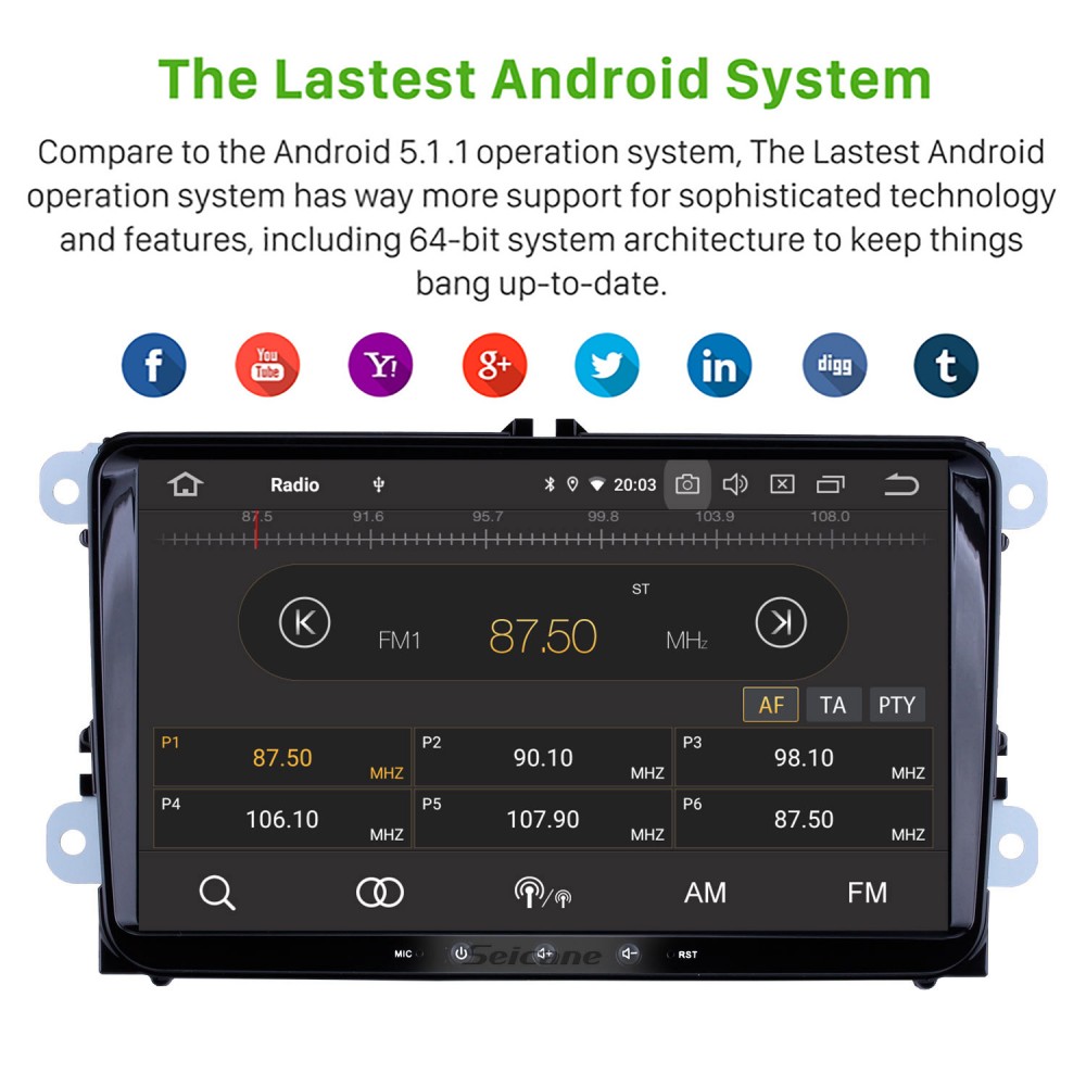Sistema multimediale per auto Radio stereo 1080P Lettore video con sistema operativo Android 9.0 per Volkswagen Skoda Supporto sedile GPS Bluetooth Mirror-link USB WiFi 4G SWC AM/FM RDS DSP DVR