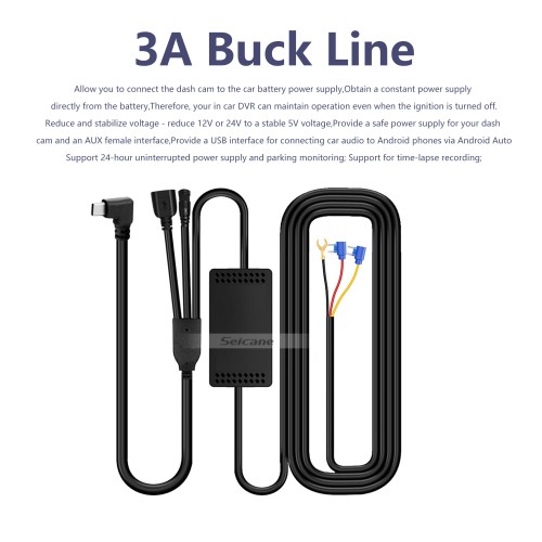 3A Buck Line Time Lapse Grabación de video para AUX USB 24 horas Monitoreo de estacionamiento Cámara de coche DVR Cable Longitud accesorios