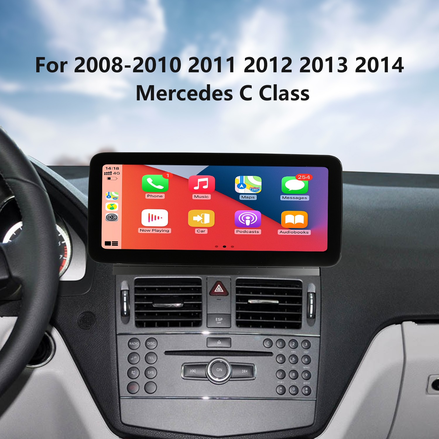 Carplay 12.3 pulgadas Radio HD pantalla táctil Android para 2008-2010 2011  2012 2013 2014 Mercedes Clase C W204 C180 C200 C230 C260 C280 C300 Sistema  de navegación GPS con WIFI Bluetooth USB Mirror Link