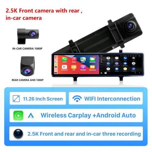 11,26 polegadas sem fio Carplay Android Auto Car WiFi Recorder 2.5K + 1080P Streaming Media Decodificador de código de vídeo integrado Suporte a código de vídeo 4K H.265