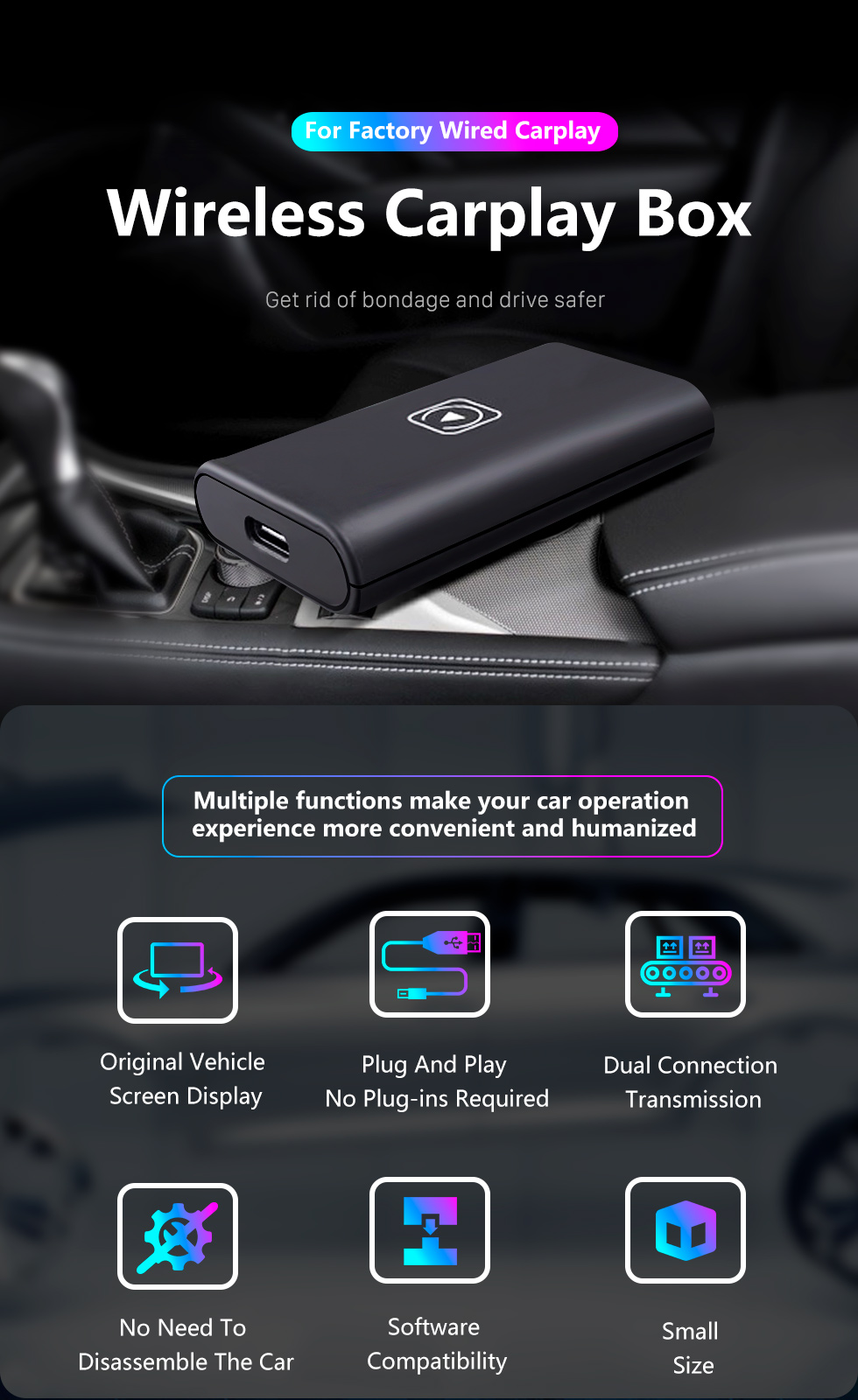 Seicane Adaptador Carplay sem fio Plug and Play USB para suporte de Carplay com fio de fábrica Audi BWM Benz Ford Jeep Kia Honda VX Toyota