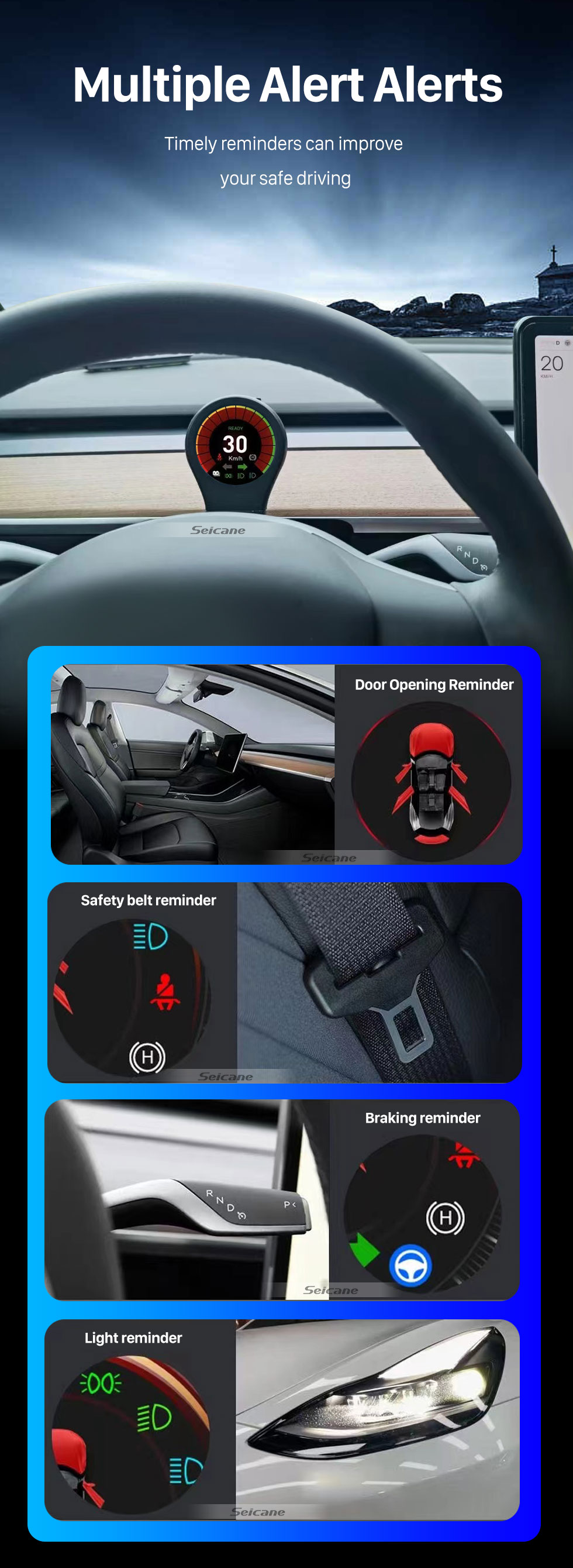 Seicane Tableau de bord LCD pour Tesla modèle 3 (2019-2022) modèle Y (2021-2022) prise en charge du tableau de bord numérique Charge de téléphone sans fil