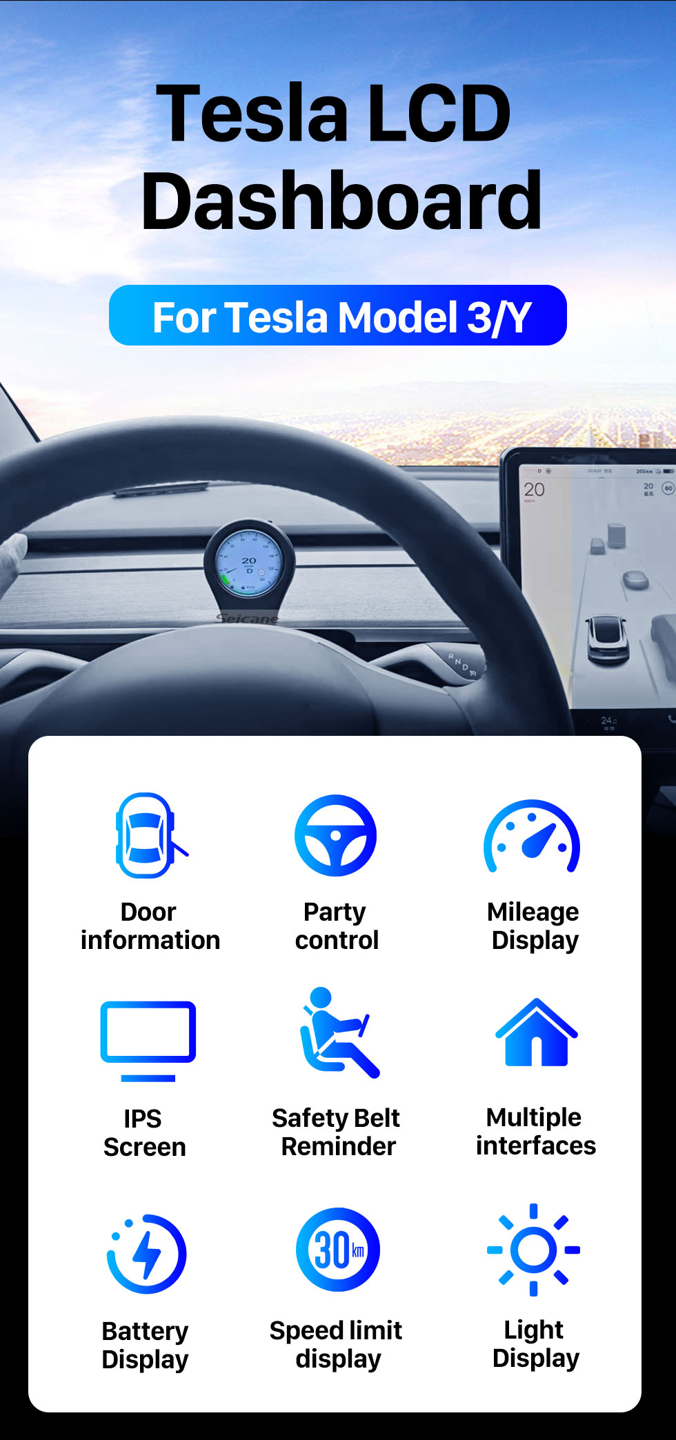 Seicane LCD-Instrumentencluster für Tesla Model 3 (2019-2022) Model Y (2021-2022) Digitales Dashboard unterstützt das Aufladen von drahtlosen Telefonen