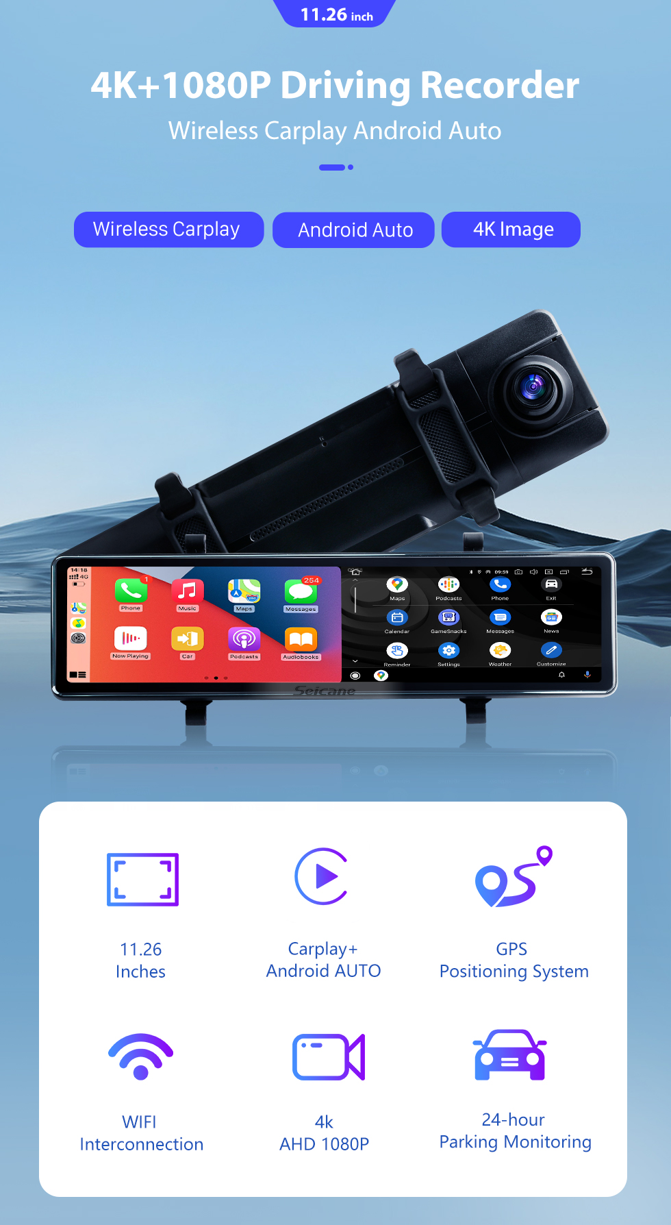 Seicane 11,26-дюймовый беспроводной Carplay Android Auto Car WiFi Recorder 2.5K + 1080P Потоковое мультимедиа Встроенный декодер видеокода Поддержка 4K H.265 Video Code