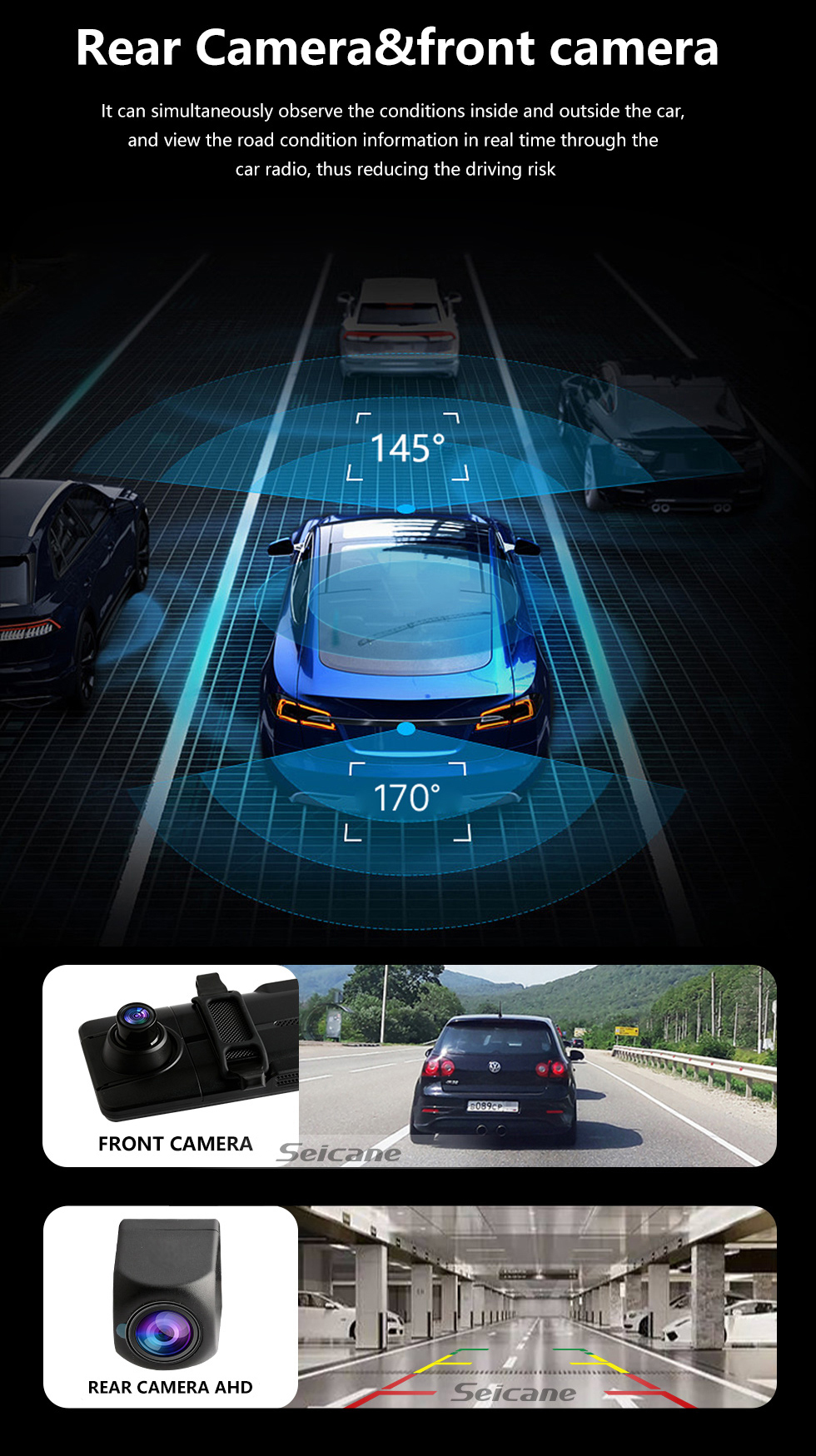 Seicane 11.26 pulgadas Wireless Carplay Android Auto Car WiFi Recorder 2.5K + 1080P Streaming Media Decodificador de código de video incorporado Soporte 4K H.265 Código de video