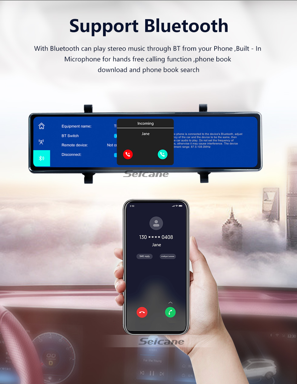 Seicane 11,26-дюймовый беспроводной Carplay Android Auto Car WiFi Recorder 2.5K + 1080P Потоковое мультимедиа Встроенный декодер видеокода Поддержка 4K H.265 Video Code