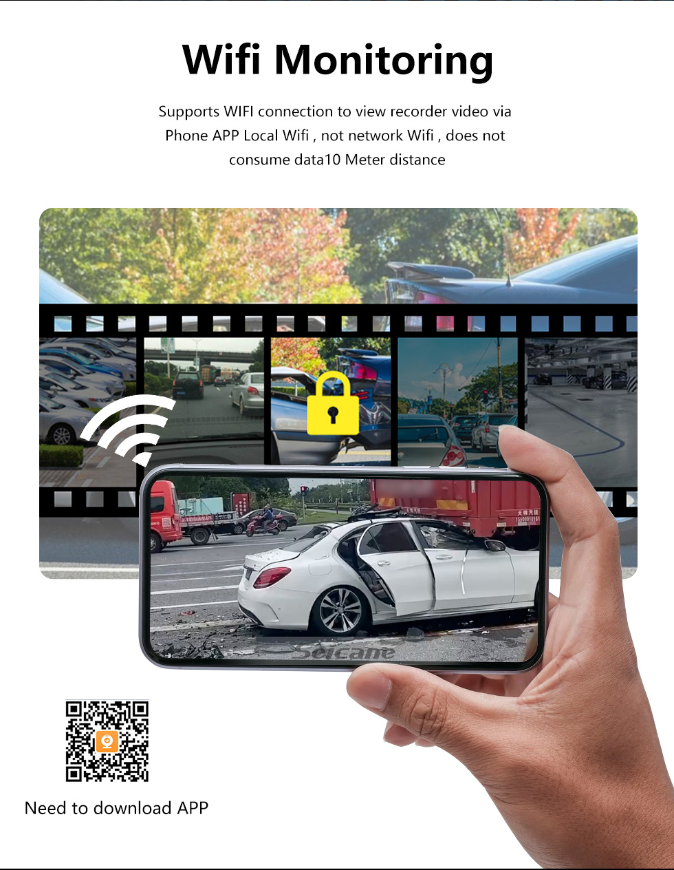 Seicane 11,26 pouces sans fil Carplay Android Auto Car WiFi Recorder 2.5K + 1080P Streaming Media Décodeur de code vidéo intégré Prise en charge du code vidéo 4K H.265