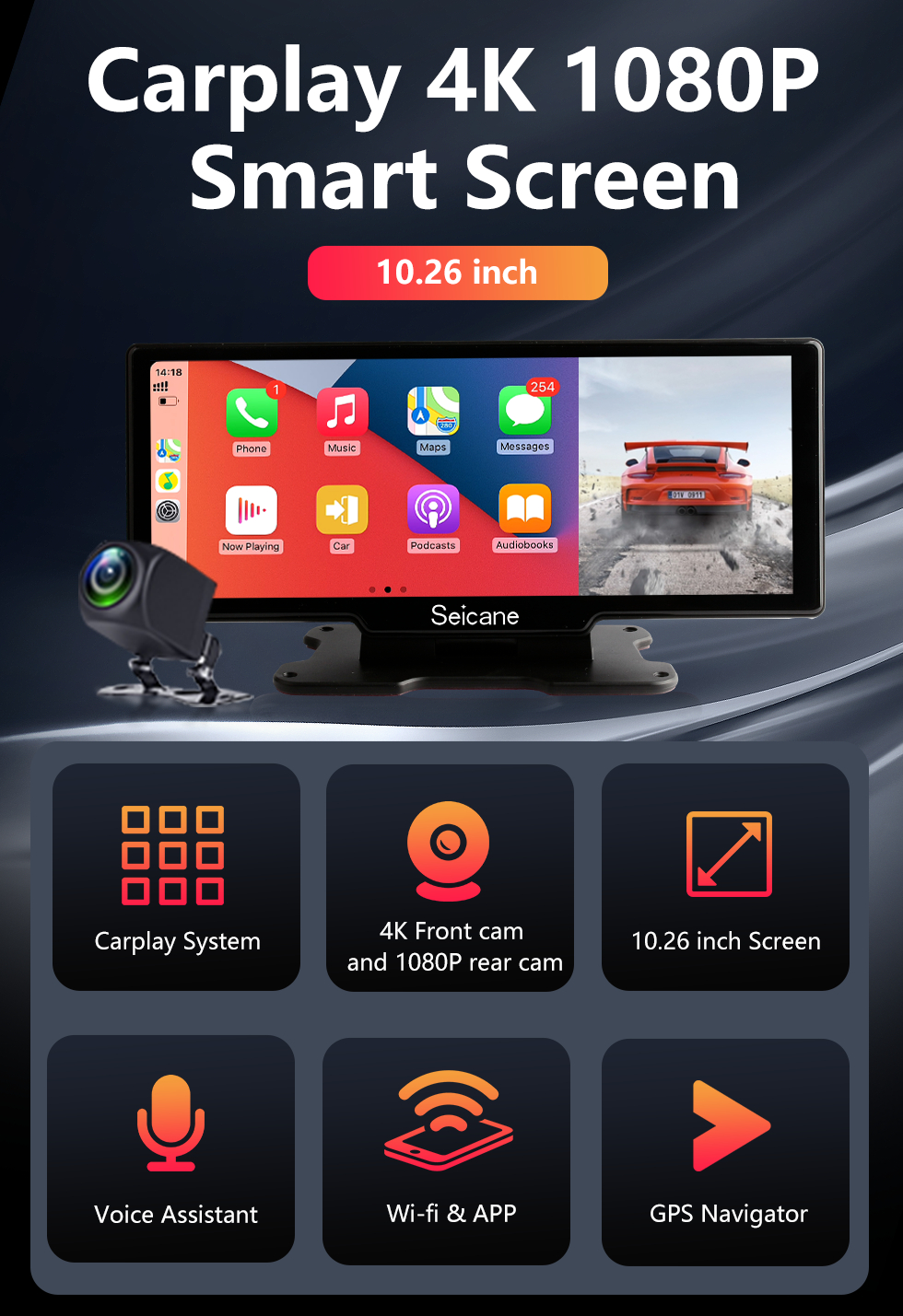 Seicane Caméra de tableau de bord Carplay 10.26 pouces, Dvr Android Auto WiFi FM, caméra de recul, prise en charge 4K H.265 1080P