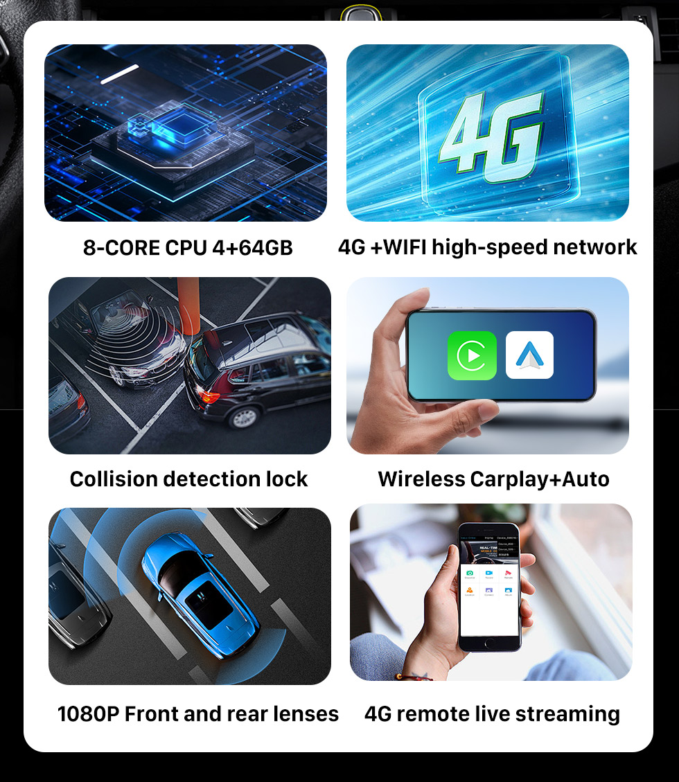 Seicane 10.26&quot; Carplay Dash Camera Dvr Android Auto WiFi FM Rearview Camera  Support 4K H.265 1080P