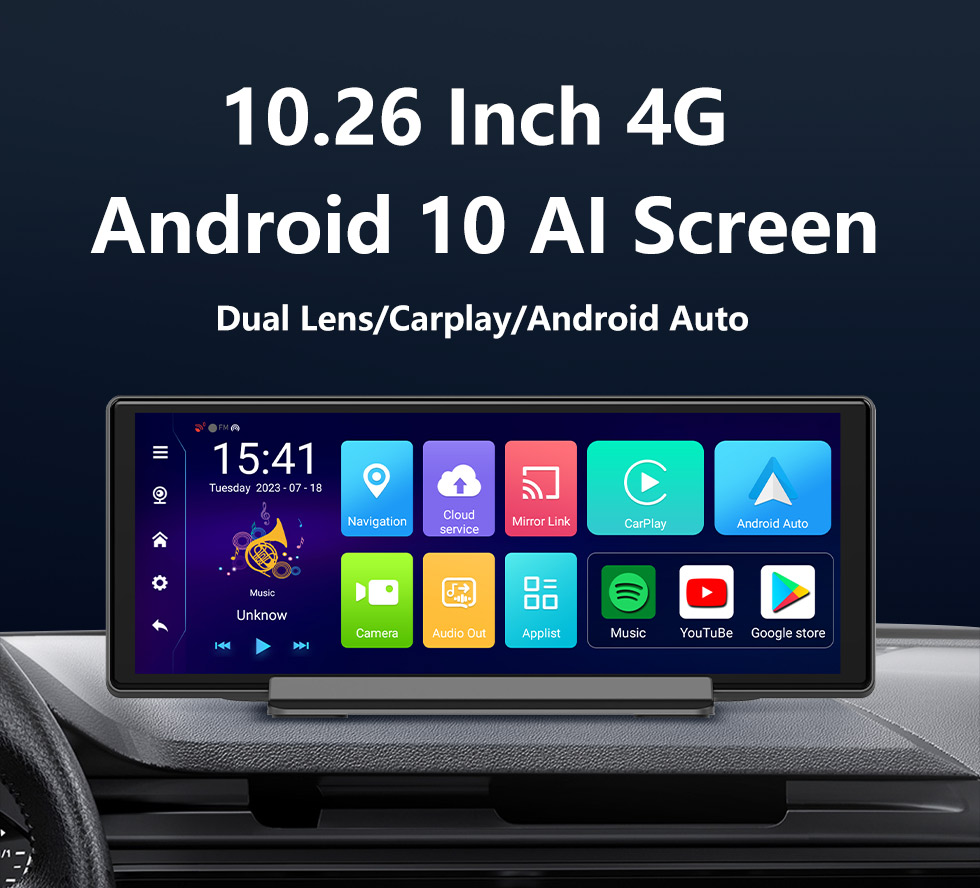 Seicane 10.26&amp;quot; Carplay Dash Camera Dvr Android Auto WiFi FM Rearview Camera Support 4K H.265 1080P