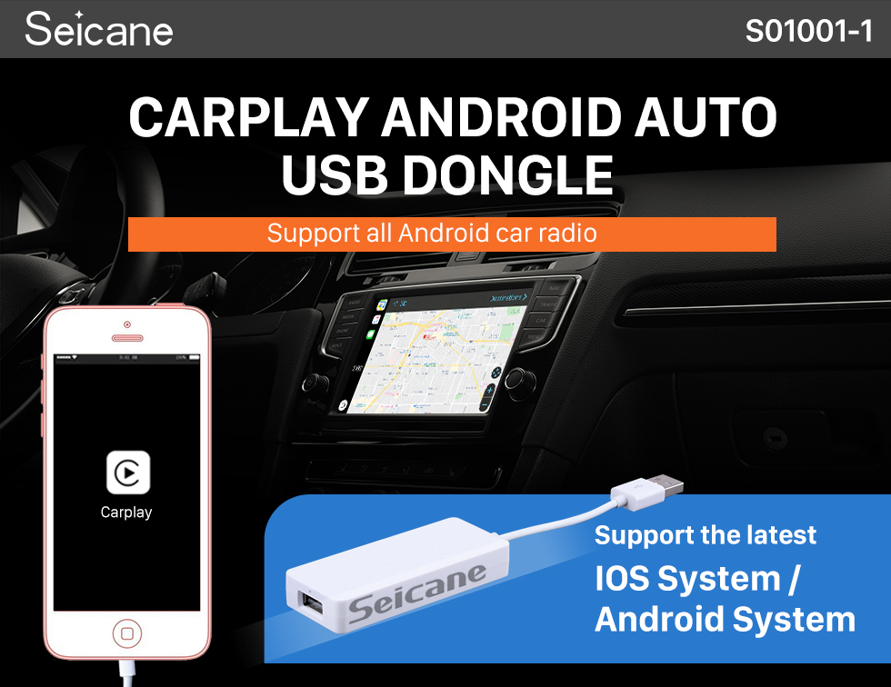 Seicane Plug and Play Carplay Android Auto USB Dongle pour Android Car Radio Support IOS IPhone Voiture écran tactile contrôle Siri Microphone commande vocale