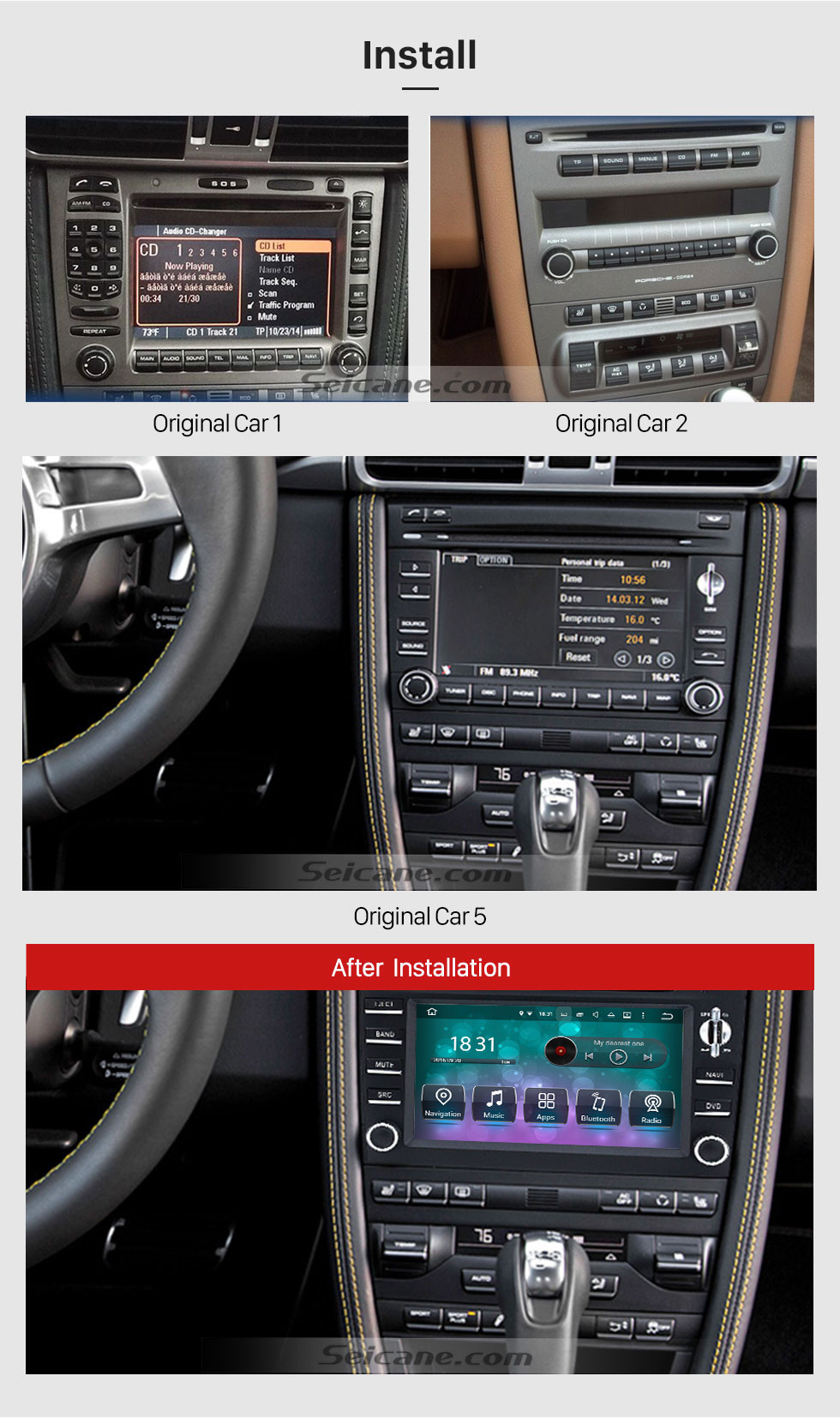 Seicane Aftermarket Android 9.0 GPS Навигационная система для 2005-2008 Porsche BOXSTER с DVD-плеером Сенсорный экран Радио Wi-Fi ТВ HD 1080P Видеокамера заднего вида Управление рулем USB SD Bluetooth