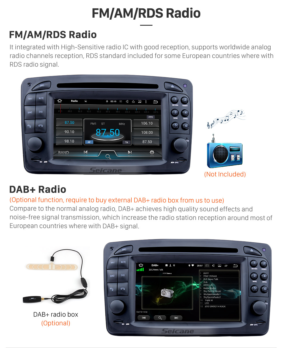 Seicane Android 8.0 sistema de navegação GPS para 1998-2002 Mercedes-Benz A-Class W168 A140 A160 A170 A190 com Rádio leitor de DVD Ecrã Tátil Bluetooth WiFi tv HD 1080P Vídeo Backup Câmera Controle de volante USB SD