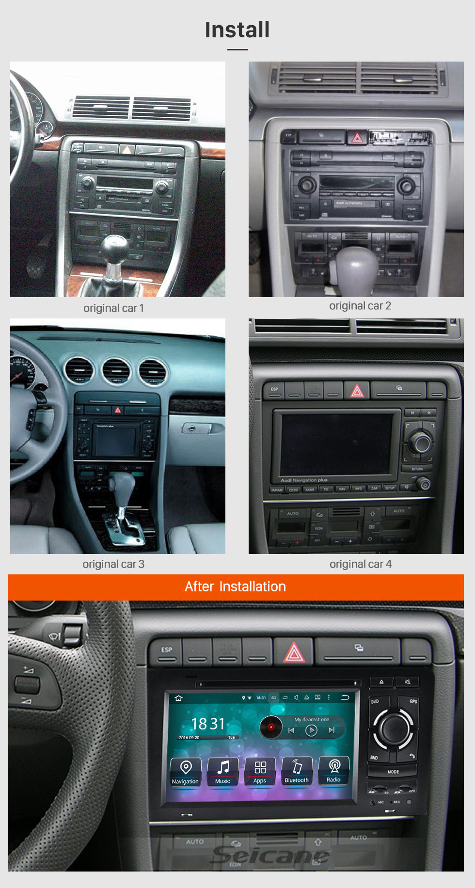 Seicane OEM Android 8.0 HD Сенсорный экран Автомобильный радиоприемник на 2003-2011 Audi A3 S3 DVD-плеер GPS-навигатор Bluetooth WIFI Поддержка зеркальной связи USB DVR 1080P Управление рулевым колесом Seicane OEM Android 8.0 HD Сенсорный экран Автомобильный радиоприемник на 2003-2011 Audi A3 S3 DVD-плеер GPS-навигатор Bluetooth WIFI Поддержка зеркальной связи USB DVR 1080P Управление рулевым колесом