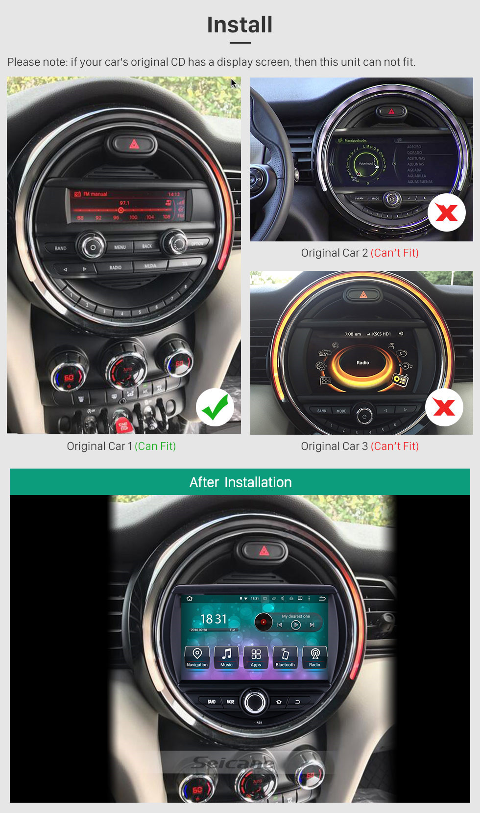 Seicane OEM Android 8.0 DVD Player GPS Navigation system for 2015 2016 BMW MINI COOPER with HD 1080P Video Bluetooth Touch Screen Radio WiFi TV Backup Camera steering wheel control USB SD Seicane OEM Android 8.0 DVD Player GPS Navigation system for 2015 2016 BMW MINI COOPER with HD 1080P Video Bluetooth Touch Screen Radio WiFi TV Backup Camera steering wheel control USB SD