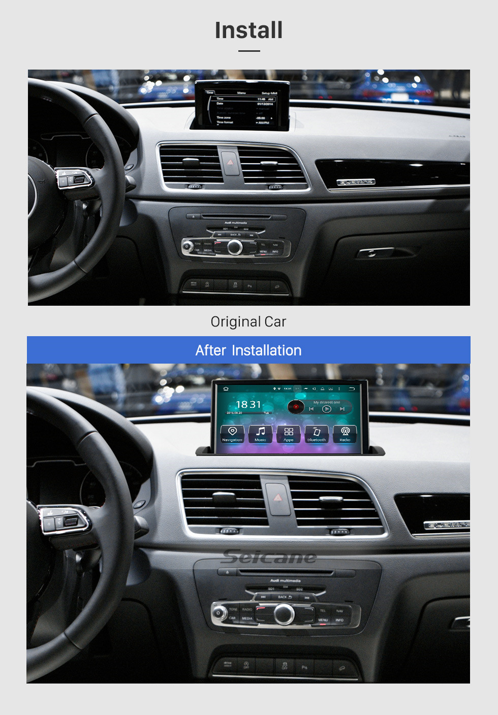 Seicane Android 4.4 Radio 8 inch GPS Navigation for 2011-2018 AUDI Q3 Head unit 1024*600 HD Touchscreen Video Player USB Bluetooth Carplay Steering Wheel Control WIFI 1080P Digital TV support OBD2 TPMS Seicane Android 4.4 Radio 8 inch GPS Navigation for 2011-2018 AUDI Q3 Head unit 1024*600 HD Touchscreen Video Player USB Bluetooth Carplay Steering Wheel Control WIFI 1080P Digital TV support OBD2 TPMS