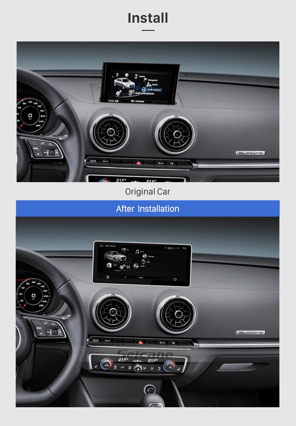 Seicane 10.25 pulgadas 2017 AUDI A3 Android 9.0 Sistema de navegación GPS para automóvil Unidad principal estéreo de radio con pantalla táctil WIFI FM AM Bluetooth música Soporte Carplay DVR Cámara de vista trasera Seicane 10.25 pulgadas 2017 AUDI A3 Android 9.0 Sistema de navegación GPS para automóvil Unidad principal estéreo de radio con pantalla táctil WIFI FM AM Bluetooth música Soporte Carplay DVR Cámara de vista trasera