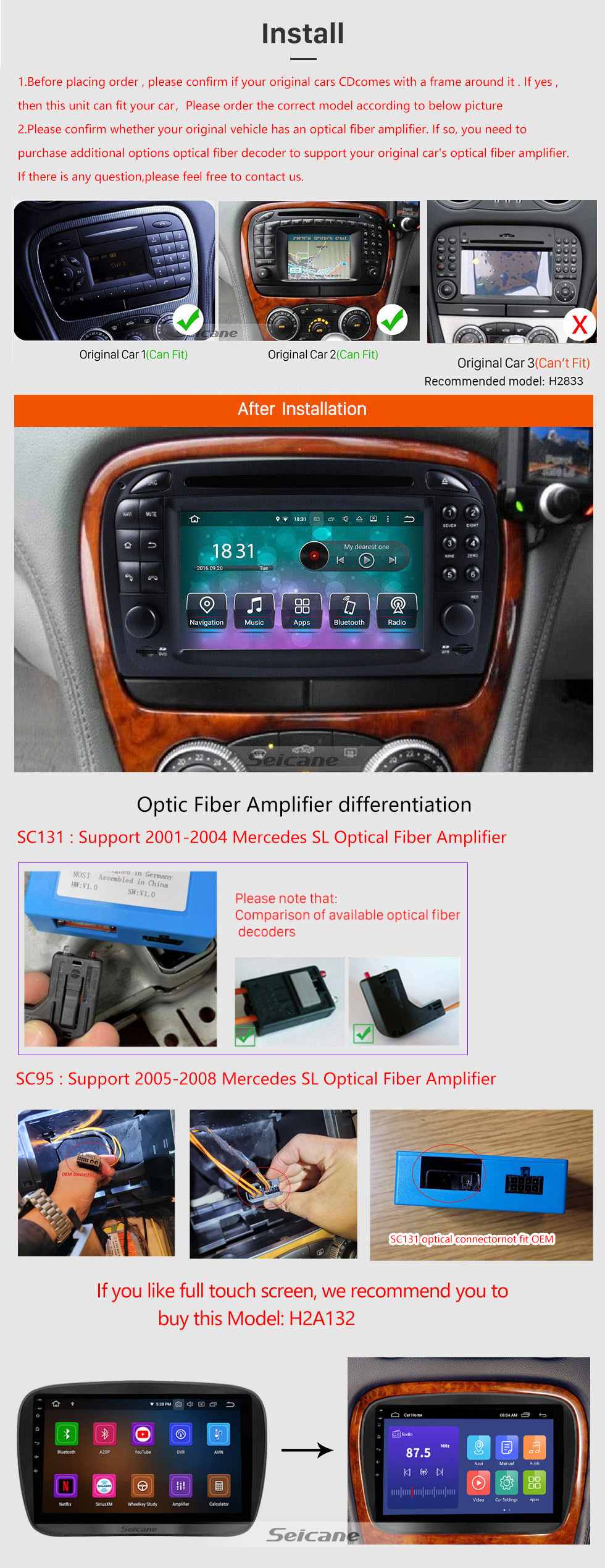 Seicane Android 10.0 Auto-DVD-Player 7 Zoll für Mercedes SL R230 SL350 SL500 SL55 SL600 SL65 mit GPS Radio TV Bluetooth