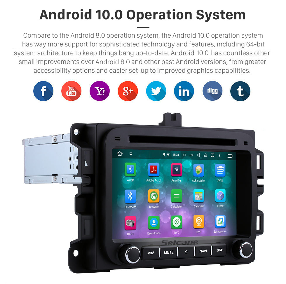 Seicane Android 10.0 7 pouces HD Lecteur DVD à écran tactile pour 2013-2015 Dodge Ram 1500 2500 3500 4500 Radio Navigation GPS Bluetooth WIFI Support TV Caméra de recul Contrôle du volant USB SD 1080P Vidéo