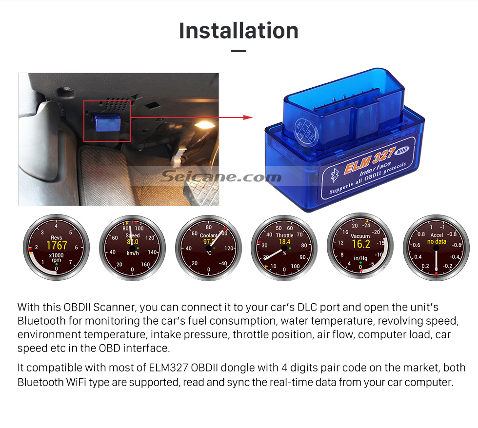 Installation Seicane-Newest Super Mini V1.5 ELM327 OBD OBD2 ELM327 Bluetooth Interface Auto Car Scanner Diagnostic Tool