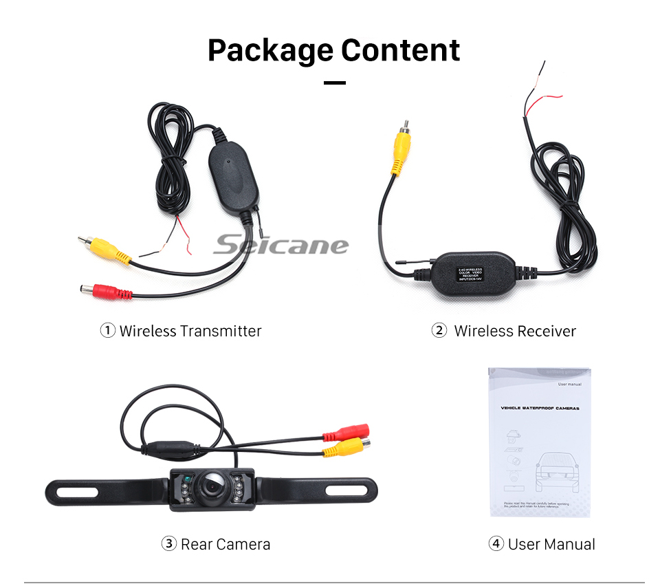 Package Content Seicane sem fio Câmera para Reposição Carro Rádio