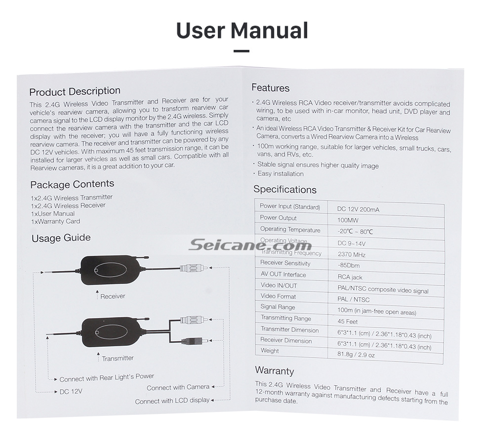 User Manual Seicane Inalámbrico cámara para Mercado de accesorios coche radio