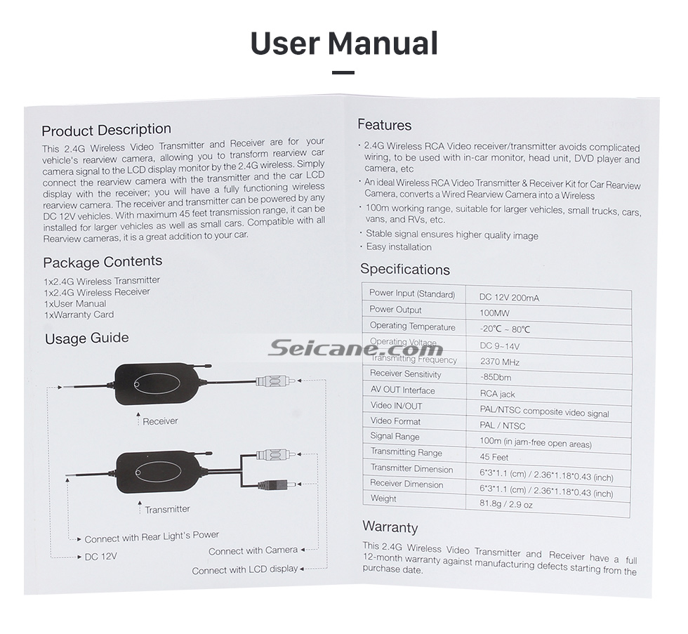 User Manual Seicane sem fio Câmera para Reposição Carro Rádio