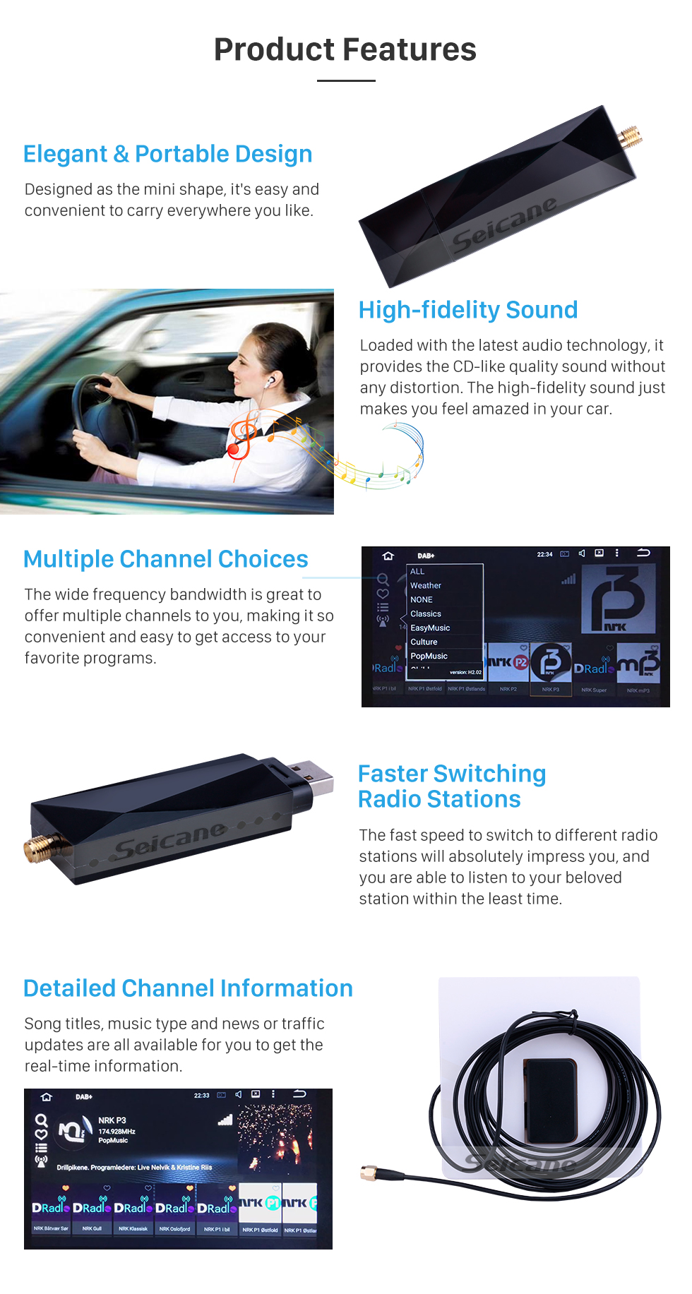 Seicane Tuner radio de radio de récepteur de radio de DAB + audio de voiture de HD avec l'interface d'USB de fonction de RDS