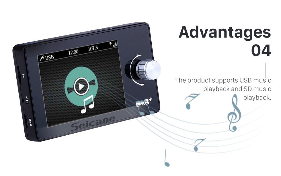 Seicane Adaptador de música USB / TF / DAB + receptor Bluetooth para música no carro com tela TFT-LCD de 2,8 polegadas e cores reais