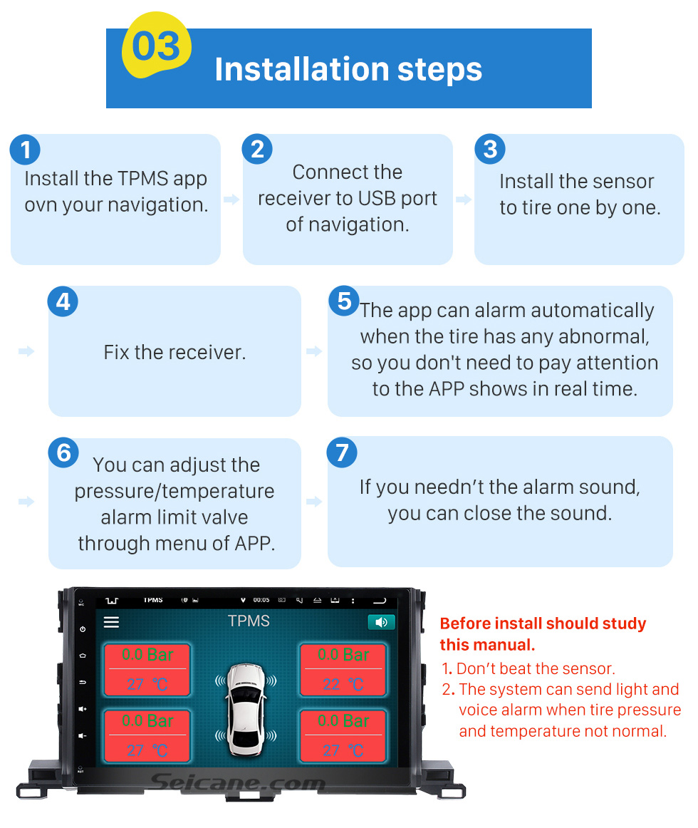 Seicane Портативный автомобильный USB-TPMS с 4-мя внутренними датчиками для Android-радиоприемника Мониторинг давления в шинах Автоматическая система сигнализации