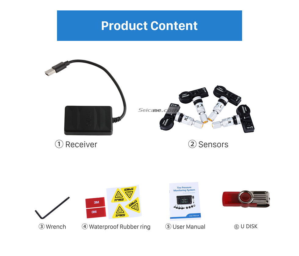 Seicane Portátil USB TPMS de carro com 4 sensores internos para Aftermarket Android rádio pressão de pneu Monitoramento Auto Sistema de alarme