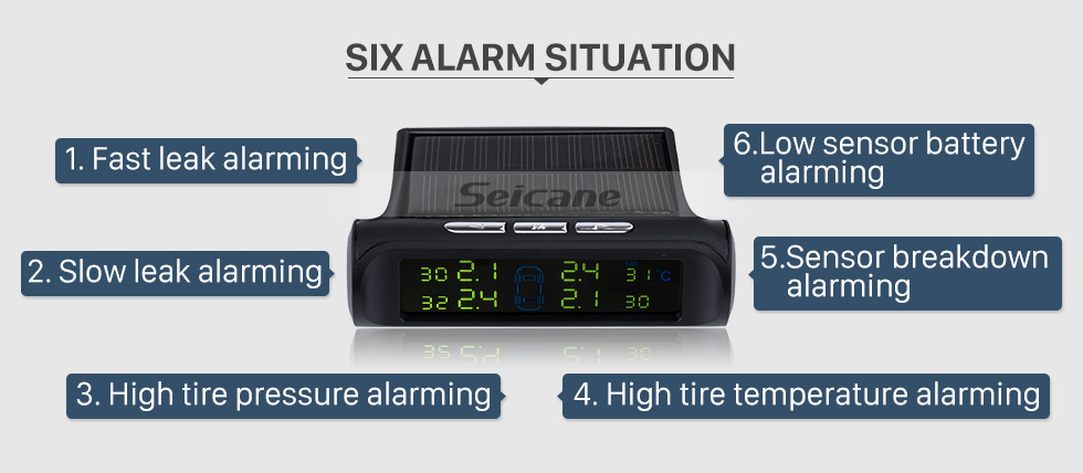 Seicane New TPMS Solar Power Car Wireless External Tire Pressure Monitoring System LCD Display with 4 External Sensors Seicane New TPMS Solar Power Car Wireless External Tire Pressure Monitoring System LCD Display with 4 External Sensors