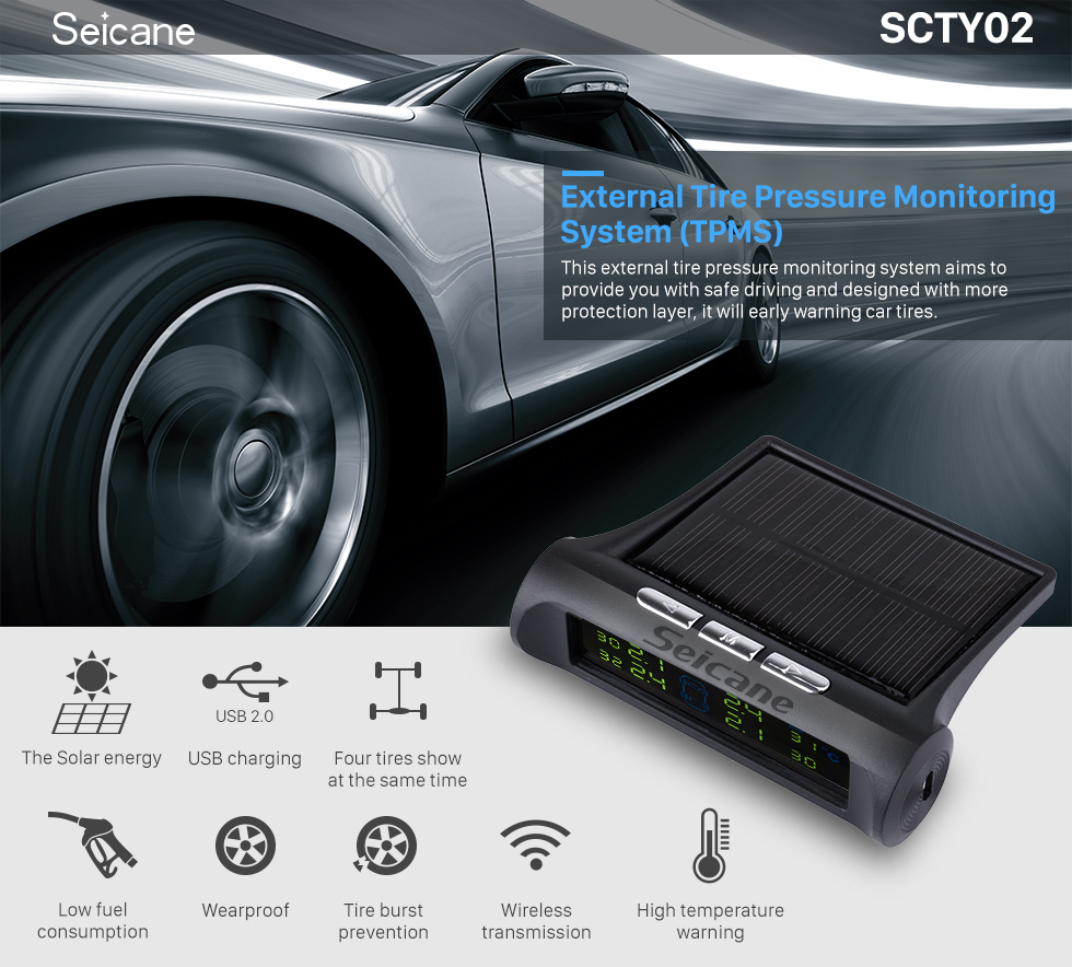 Seicane New TPMS Solar Power Car Wireless External Tire Pressure Monitoring System LCD Display with 4 External Sensors Seicane New TPMS Solar Power Car Wireless External Tire Pressure Monitoring System LCD Display with 4 External Sensors