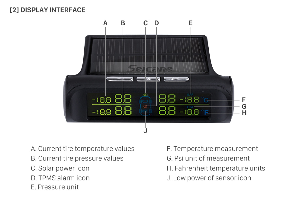 Seicane New TPMS Solar Power Car Wireless External Tire Pressure Monitoring System LCD Display with 4 External Sensors Seicane New TPMS Solar Power Car Wireless External Tire Pressure Monitoring System LCD Display with 4 External Sensors