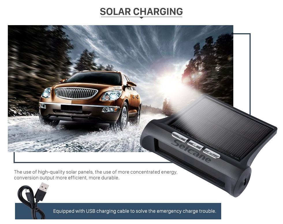 Seicane New TPMS Solar Power Car Wireless External Tire Pressure Monitoring System LCD Display with 4 External Sensors Seicane New TPMS Solar Power Car Wireless External Tire Pressure Monitoring System LCD Display with 4 External Sensors