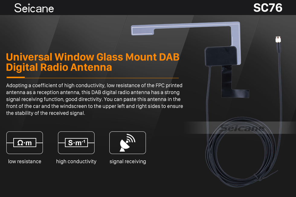 Seicane Auto Car Universal Window Glass Mount DAB Antena de rádio digital SMB Female Right Angle Connector