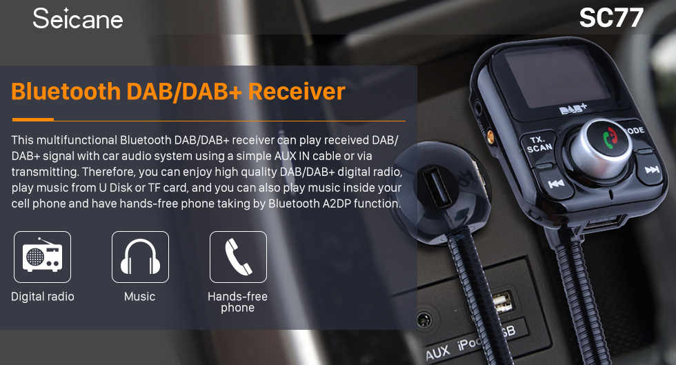 Seicane Wireless LCD Display Bluetooth Car Kit Digital Radio DAB+ Receiver FM Transmitter Support Handsfree Call U Disk TF card USB Charging Seicane Wireless LCD Display Bluetooth Car Kit Digital Radio DAB+ Receiver FM Transmitter Support Handsfree Call U Disk TF card USB Charging