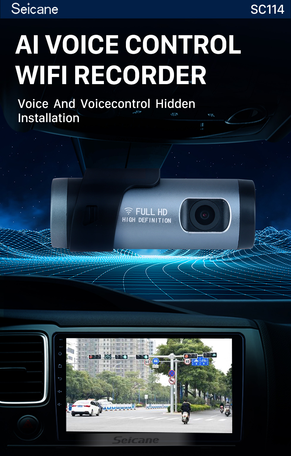 Seicane HD 1920x1080P Caméra de voiture Contrôle vocal Enregistreur Wifi Caméra DVR Enregistrement Angle de 140 degrés