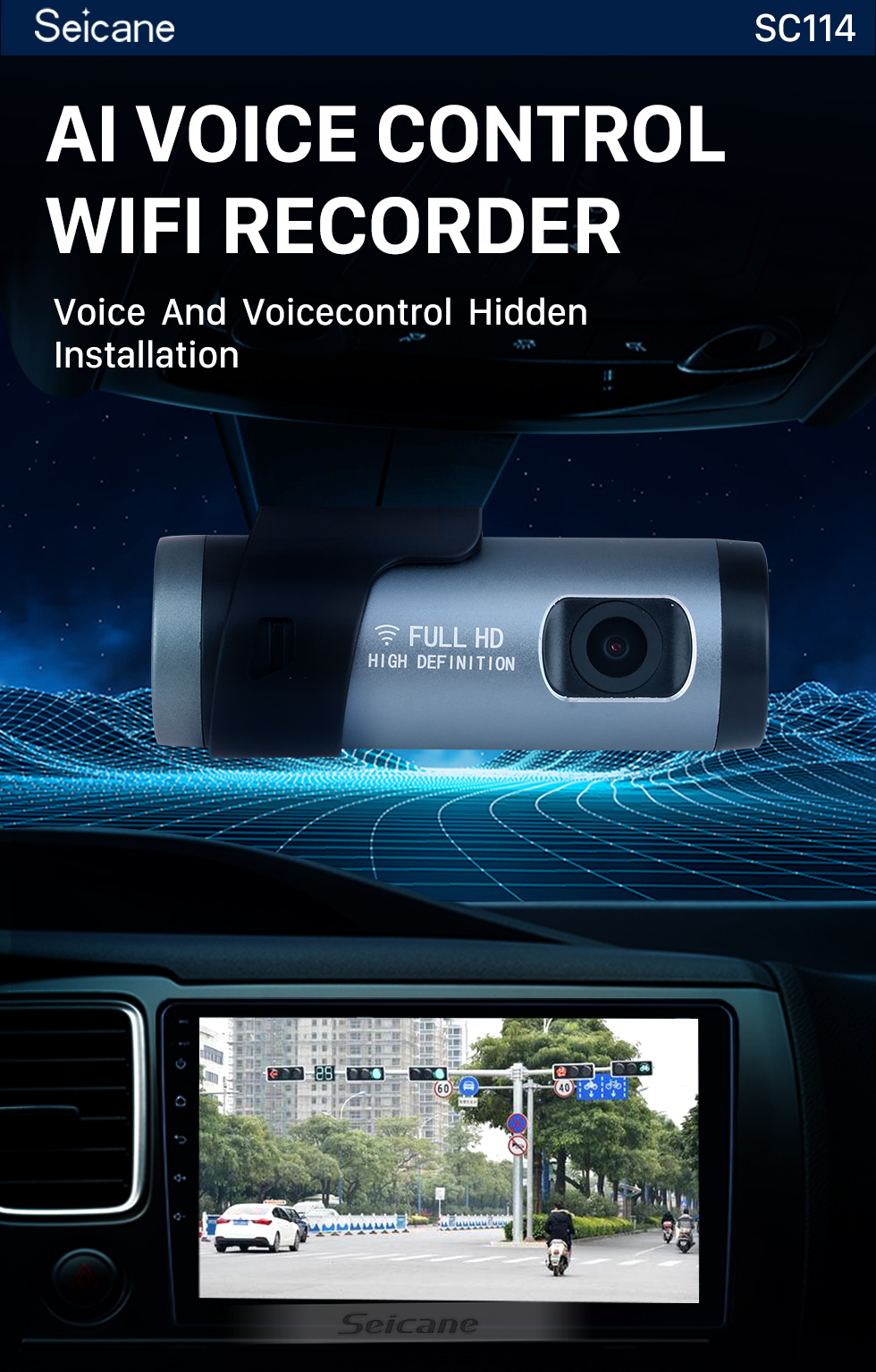 Seicane HD 1920x1080P Caméra de voiture Contrôle vocal Enregistreur Wifi Caméra DVR Enregistrement Angle de 140 degrés Seicane HD 1920x1080P Caméra de voiture Contrôle vocal Enregistreur Wifi Caméra DVR Enregistrement Angle de 140 degrés