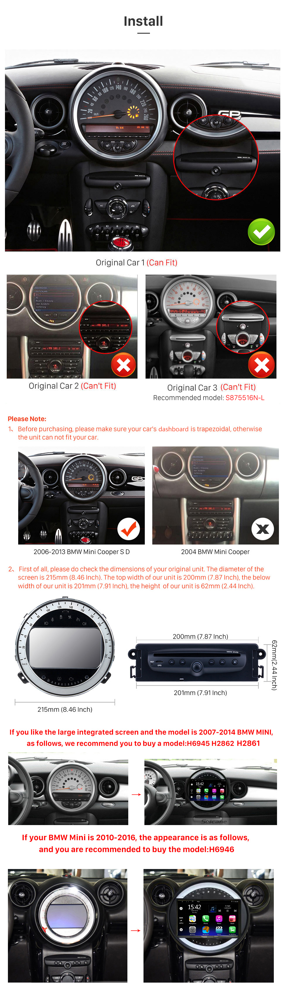 Seicane Android 10.0 Auto-GPS-Navigations-DVD-Player für 2006-2013 BMW Mini Cooper mit Radio Bluetooth 1080P Video USB SD Rückfahrkamera TV DVR