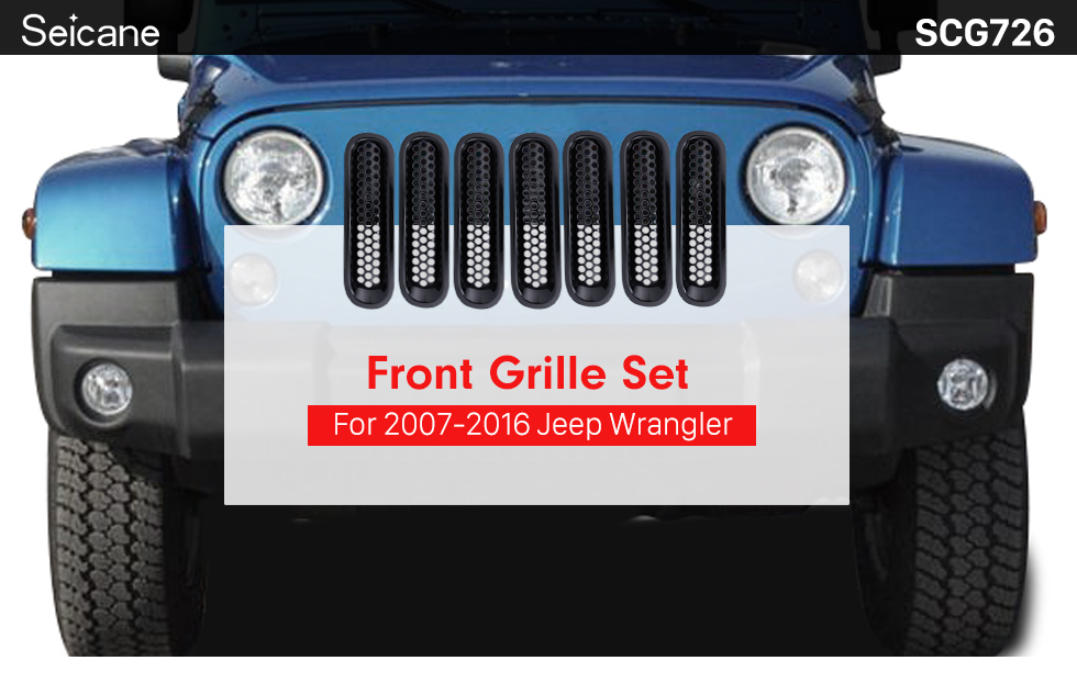 Seicane Accessoires de voiture Ensemble de grille avant en plastique ABS noir pour 2007-2016 Jeep Wrangler Mesh Cover 7pcs