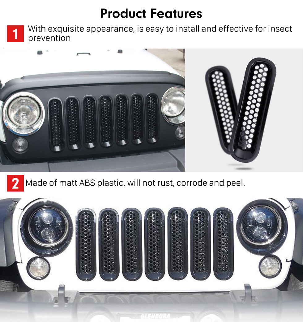 Seicane Accesorios de coches Negro ABS Grille Grille delantera de plástico para 2007-2016 Jeep Wrangler Mesh Cover 7pcs