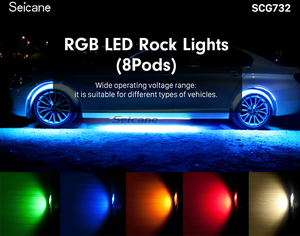 Seicane Newest 8 Pods Under Car RGB LED Rock Lights for Universal Car Chassis with Bluetooth Control Waterproof Anti-corrosion Seicane Newest 8 Pods Under Car RGB LED Rock Lights for Universal Car Chassis with Bluetooth Control Waterproof Anti-corrosion