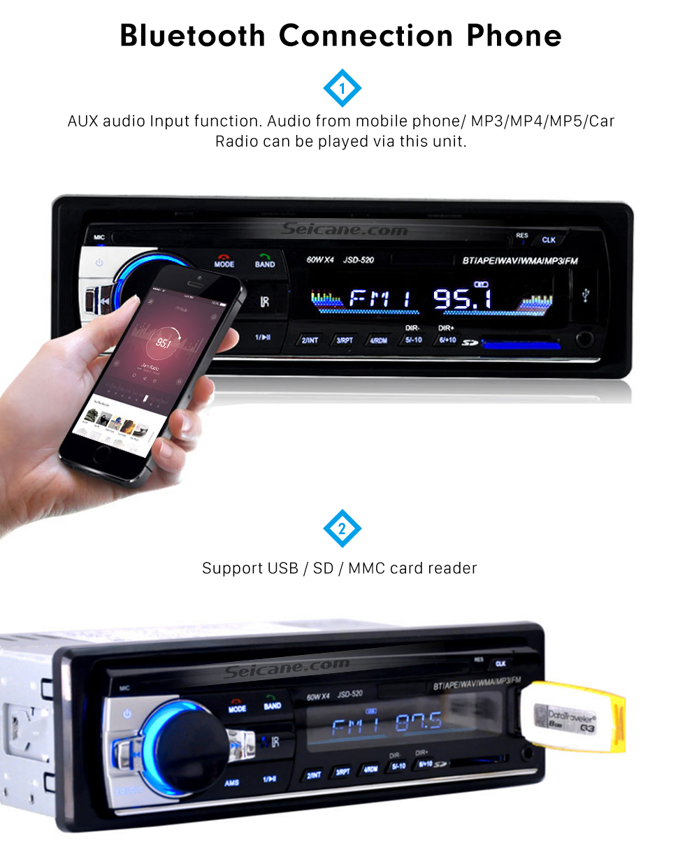 Seicane Universal Din Din Audio Llamadas manos libres Bluetooth Reproductor de MP3 Radio FM estéreo de coche con 4 canales de salida USB SD Control remoto Aux