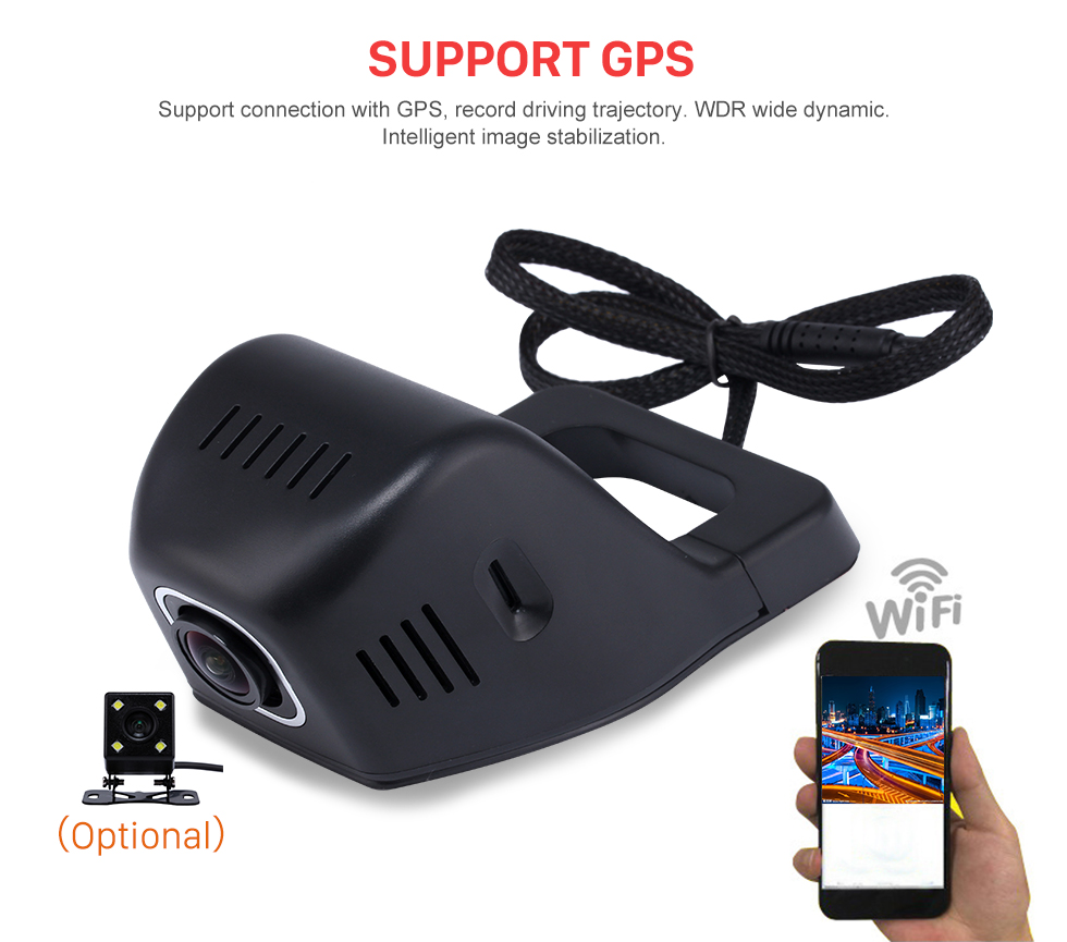 Seicane Universal Hidden HD 170 degrés Grand angle Car Driving Enregistreur vidéo avec WIFI Phone Connection Display GPS Trajectoire de conduite Surveillance de stationnement Caméra de recul de secours