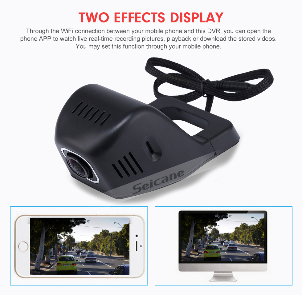 Seicane Universal Hidden HD 170 Degree Wide Angle Car Driving Video Recorder with WIFI Phone Connection Display GPS Driving Trajectory Parking Monitoring Backup Rearview Camera