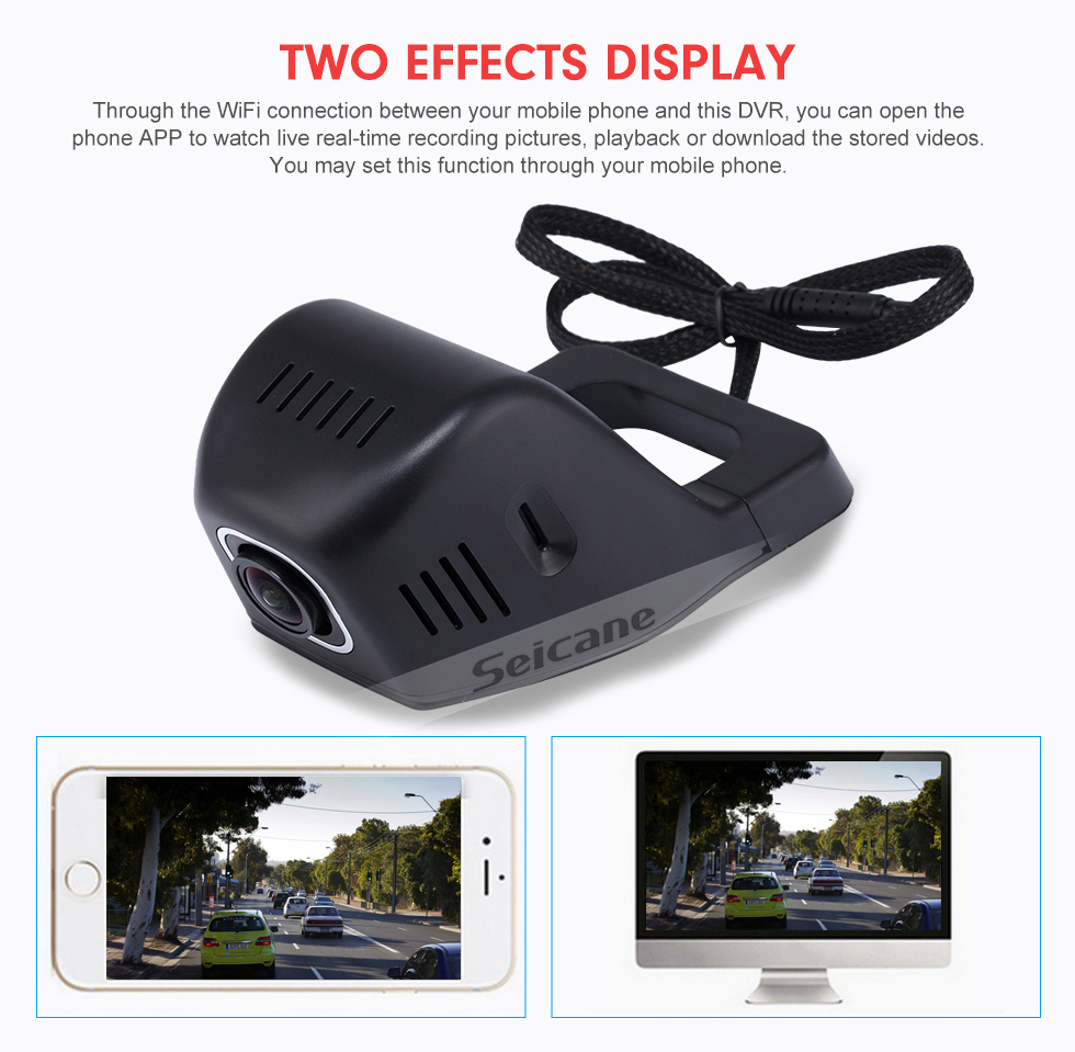 Seicane Universal Hidden HD 170 graus Grande angular Carro Driving Video Recorder com WIFI Telefone Conexão Display GPS Driving Trajectory Estacionamento Monitoramento Backup Rearview Camera