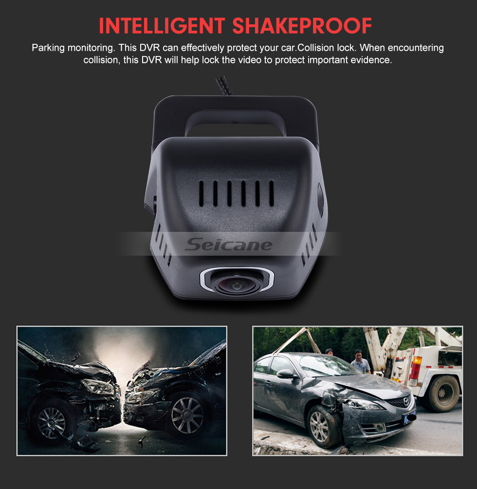 Seicane Universal Hidden HD 170 degrés Grand angle Car Driving Enregistreur vidéo avec WIFI Phone Connection Display GPS Trajectoire de conduite Surveillance de stationnement Caméra de recul de secours